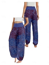 billiga Grafisk linnebyxa i bomull-Dam Linneinspirerade byxor Brett skaft Byxor Etnisk Stil Ledigt Boho Fullängd Hög midja Grafiska tryck Ficka Elastisk midja Tryck Mateial som andas Mjuk Microelastisk Utomhus Yoga Svart Blå Purpur