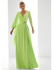 billige GRØNN-Grønn Chiffon A-Line Kveldsdrakt Elegant Bryllupsgjestekjole Formell Gulvlengde Langermet V-Hals med Splitt