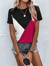 abordables T-shirt rayé et géométrique-Femmes Chemisier Géométrique Occasionnel Chaussures de plage Manche Courte Col ras du cou Hauts Réguliers Quotidien Imprimé Rose Claire Fuchsia Vert Gris Été Printemps