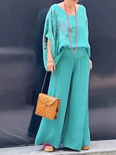 billiga Blusdräkter för kvinnor-Kvinnors 2 delar mode streetwear dagligt byxor set halv ärm V-hals blommig grafisk semester avslappnad dagligt blå brun grön sommar lös passform