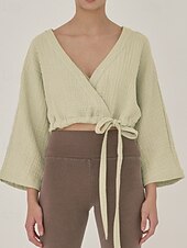 billige Skjorter-Dame Linskjorte Bluse عادي Fritid Langermet V-hals Crop Tops Daglig Ut på byen knyte foran Hvit Gul Brun Sommer