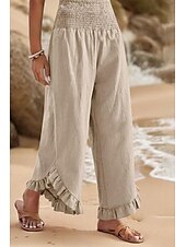economico Pantaloni in lino e cotone semplici-Per donna Pantaloni in cotone e lino Pantaloni Eleganti Moda Streetwear Lunghezza intera Naturale Semplice Volant Elastico in vita All&#039;aperto Confortevole All&#039;aperto Vacanza Uscire Rosso arancione