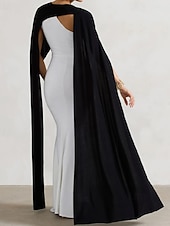 cheap WHITE-Black and White Cape Dress Mermaid / Trumpet Detachable Cape Evening Gown Elegant Dress Semi Formal Wedding Wedding Guest Dress Floor Length Crew Neck Stretch Crepe with Ruched Details