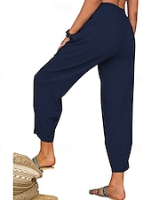 baratos Calça de linho de algodão simples-Mulheres Calças de linho de algodão Calças Roupa de rua Casual Comprimento total Natural Tecido Bolsos Cintura elástica Confortável Para Noite Final de semana Vinho Cinzento Preto Branco Verão Normal