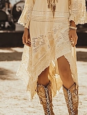 levne Boho šaty-Dámské Midi šaty Boho šaty Westernové šaty Módní Venkovní Dovolená Jdeme ven Běžný Bez vzoru Dlouhý rukáv Do V Meruňková Léto