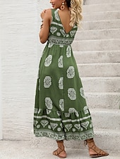 billige Boho-kjoler-Dame Maxikjole Solkjole Kjole med A-linje Fit And Flare Dress Ferie Fritid Bohem utendørs Fest Ut på byen Normal Blomstret Grafisk Ermeløs V-hals Grønn Sommer