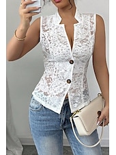 cheap Lace Tops-Women&#039;s Blouse Lace Tops Plain Elegant Modern Sleeveless V Neck Regular Tops Daily Holiday Going out Lace White Summer