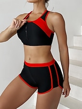 billiga Bikiniset-Kvinnors badkläder tankini 2 delar shorts baddräkt rygglös mage kontroll hög midja smal semester strandkläder färgblock U-hals ärmlös baddräkt