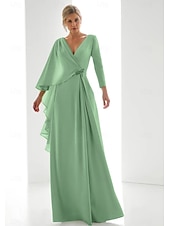 billige GRØNN-Grønn Chiffon A-Line Kveldsdrakt Elegant Bryllupsgjestekjole Formell Gulvlengde Langermet V-Hals med Splitt