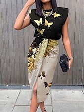 economico Abito Floreale-Per donna Abito maxi Abito a Portafoglio Abito aderente Abiti semi formali Ufficio Vestibilità regolare Ombre Grafico Farfalla Senza Maniche Girocollo Nero Oro Grigio Estate