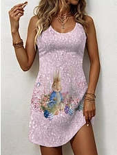 preiswerte Osterkleider-Ostern Damen Minikleid A Linie Kleid Sommerkleid Schulterfreies Kleid Urlaub Lässig Täglich Normale Passform Grafik Tiermotiv Ärmellos U-Ausschnitt Rosa Sommer