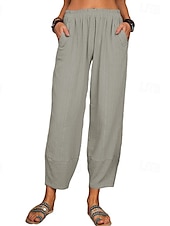 baratos Calça de linho de algodão simples-Mulheres Calças de linho de algodão Calças Roupa de rua Casual Comprimento total Natural Tecido Bolsos Cintura elástica Confortável Para Noite Final de semana Vinho Cinzento Preto Branco Verão Normal
