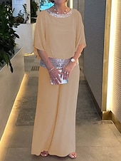 abordables Moins de 129,99 $-Deux Pièces Combinaison / Tailleur-Pantalon Robe de Mère de Mariée  Élégant ancien Simple Col Bateau Longueur au sol Chiffon Demi Manches avec Paillettes 2025