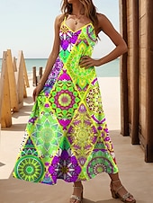 tanie Sukienki boho-Damskie Sukienka maxi Sukienka A line Sukienka na ramiączkach Urlop Codzienny Boho Plaża Regularny Kwiaty Graficzny Bez rękawów W serek Cienkie ramiączka Czerwony Niebieski Zielony Lato Wiosna