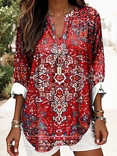 billiga Kvinnors Boho-toppar-Kvinnors Boho Blus Grafik Geometrisk Elegant Daglig Lång Ärmar V-Hals Regular Toppar Dagligt Tryck Svart Gul Röd Blå Guld Sommar Vår