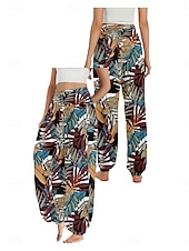 economico Pantaloni in cotone e lino con grafica-Per donna Pantaloni ispirati al lino Gamba larga Pantaloni Stile Etnico Casual Boho Lunghezza intera Vita Alta Floreale Foglia Tropicale Tasca Elastico in vita Stampa Traspirabilità Morbido
