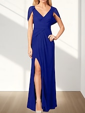 abordables Robes pour invitées de mariage-Robes d&#039;invitée de mariage A-Line Élégante Robe Invitée de mariage Fiançailles Longueur de sol Sans manches Col en V Chiffon Dos drapé avec plis Fente