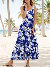 abordables Robes fleuries-Femmes Robe Midi Robe d&#039;Été Robe trapèze Robe à épaules dénudées Vacances Occasionnel Coupe Ample Fleuri Graphique Abstrait Sans manches Col en U Jaune Rouge Bleu Violet Été Printemps