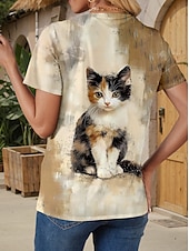 tanie Koszulka ze zwierzętami-Damskie Podkoszulek Nadruk Graficzny Zwierzę Kot Elegancki Klasyczny Nowoczesny Krótki rękaw Półgolf Okrągły dekolt Zwykłe topy Codzienny Wyjściowe Weekend Jasnobrązowy Lato Wiosna