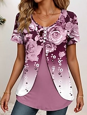 preiswerte Blumen-T-Shirt-Damen T Shirt Ombre Blumen Grafik Elegant Vintage Stilvoll Kurzarm Rundhalsausschnitt Rundhals Normale Oberteile Täglich Ausgehen Patchwork Knöpfe Gestuft Staubiges Blau Fuchsie Sommer Frühling