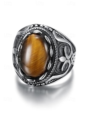 abordables Bijoux pour hommes-Bague vintage en acier inoxydable pour homme avec pierre œil de tigre, design tribal en argent antique, bague audacieuse, adaptée aux occasions décontractées et formelles