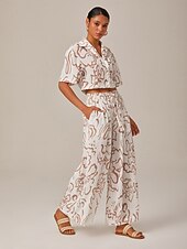 cheap Pants-Artistic Print Elastic Tie Waist &amp; Linen-Like Fabric Wide-Leg Pants