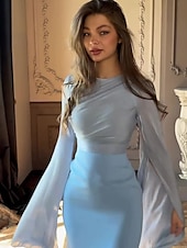 preiswerte BLAU-A-Linie Partykleider Elegant Kleid Formell Hochzeit Bodenlang Langarm Rundhalsausschnitt Satin mit Stickerei 2025