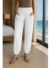 economico Pantaloni in lino e cotone semplici-Per donna Pantaloni in cotone e lino Comfort Lunghezza intera Vita Alta Semplice Tasca Fascia Elastica Comodo All&#039;aperto Confortevole Streetwear Abbigliamento quotidiano Uscire Nero Bianco Blu marino