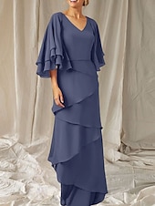 economico Lunghezza del pavimento-Abito Due Pezzi A-Line Madre della Sposa Ospite Matrimonio Elegante Inclusa Fascia V Collo Lunghezza del Pavimento Chiffon Manica Mezza Fascia Inclusa con Volant