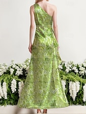 baratos VERDE-Vestido de Evening Sereia Jacquard Alta Fenda Vestido Derby Formal Convidada de Casamento Comprimento do Chão Sem Mangas Um Ombro Cinto  Faixa Cetim com Babados Fenda Vestido de Convidada de