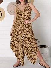 abordables Robes Floraux Imprimés-Femmes Robe Midi Robe Élégante Élégant Sans manches Coupe ajustée Léopard Sans manches Col en V Blanche Jaune Rouge Bleu Été Printemps Automne