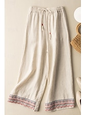 お買い得  プレーンコットンリネンパンツ-女性用 コットンリネンパンツ スラックス ファッション ストリートファッション 全長 ナチュラルウエスト フラワー 刺繍 プリント 弾性巾着デザイン 屋外 快適 祝日 週末 アプリコット ブラック ホワイト ブルー 夏 レギュラー