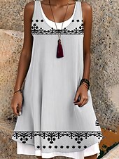 voordelige Afdrukken Bloemen Jurken-Dames Halflange jurk Tank-jurk Modieus Klassiek Buiten Dagelijks Weekend Normale pasvorm Grafisch Geometrisch Mouwloos Strakke ronde hals Zwart en Wit Lente Herfst