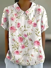 cheap Women&#039;s Floral Tops-Women&#039;s Shirt Floral Bohemia Vintage Tropical Long Sleeve Shirt Collar Regular Tops Daily Buttons Print Denim Blue Yellow Pink Sky Blue Green Summer Spring