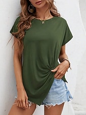 abordables T-shirt uni-T-shirt femme de couleur unie Uni Mode Classique Décontracté Manches courtes Col rond Hauts réguliers Quotidien Week-end Asymétrique Noir Blanc Vert armée Bleu marine Été