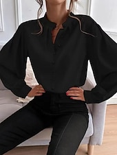 cheap Plain Tops-Women&#039;s Shirt Solid Color Floral Stylish Basic Casual Long Sleeve Shirt Collar Regular Tops Daily Buttons Black White Blue Khaki Summer Spring