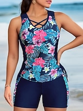 baratos Tankinis-Mulheres Roupa de Banho 2 partes Calção roupa de banho Com Cordão Férias Roupa de Praia Gráfico Flor Decote U Sem Manga Fatos de banho