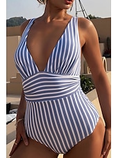 abordables Maillots de bain une pièce-Femmes Maillots de Bain Une Pièce Maillot de bain Dos nu Tropical Tenues de plage Rayé Fil en V Sans manches Maillots de bain