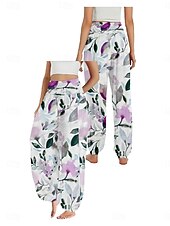 billiga Grafisk linnebyxa i bomull-Dam Linneinspirerade byxor Brett skaft Byxor Etnisk Stil Ledigt Boho Fullängd Hög midja Blommig Ficka Elastisk midja Tryck Mateial som andas Mjuk Microelastisk Utomhus Yoga Vit Gul Rosa Purpur Sommar
