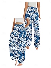 billiga Grafisk linnebyxa i bomull-Dam Linneinspirerade byxor Brett skaft Byxor Etnisk Stil Ledigt Boho Fullängd Hög midja Blommig Löv Tropisk Ficka Elastisk midja Tryck Mateial som andas Mjuk Microelastisk Utomhus Yoga Kungsblå Bl