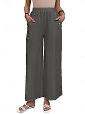 economico Pantaloni in lino e cotone semplici-Pantaloni chinos baggy a gamba larga da donna in tinta unita stile etnico basic casual lunghezza intera vita alta tinta unita tasca vita elastica comfort outdoor micro-elastici vacanza street