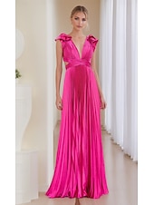 baratos Rosa-Vestido rosa choque, corte A, vestido de noite, vestido plissado, formal, casamento, comprimento até o chão, sem mangas, decote profundo, cetim com babados, 2025