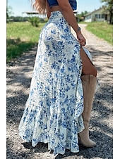 abordables Jupes graphiques-Femmes Jupe Bohème Occasionnel Boho Maxi Taille Basse Jupes Fleuri Imprimé Fendu Micro-Élastique Rue Sortir Beige Été Polyester