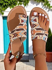cheap Vacation Sandals-Women&#039;s Bohemian Tribal Print Toe Ring Sandals – Lightweight Slip-On Flats for Summer Travel, Beach Holidays, and Casual Outings