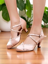abordables Chaussures de danses latines-Chaussures de danse de salon en satin rose à strass pour femmes - Sandales à talons bas pour spectacles latins, pour mariages et entraînements