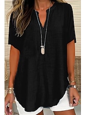 economico Camicie-Per donna Camicia Blusa Camicie di cotone e lino Semplice Essenziale Casual Manica Corta Scollo a V Top Regolari Quotidiano Ferie Orlo asimmetrico Nero Bianco Blu Viola Estate