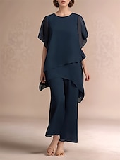 abordables Moins de 129,99 $-Ensemble de pantalon 2 pièces robe de mère de la mariée classique à col rond élégante en chiffon asymétrique à manches courtes avec une couleur unie