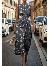 cheap Floral Dress-Women&#039;s Midi Dress Sheath Dress Work Dresses Formal Semi Formal Office Daily Regular Fit Floral Graphic Sleeveless Crew Neck Sky Blue Orange Dark Blue Gray Summer Spring