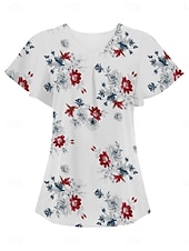 abordables T-shirt floral-Blouses d&#039;été pour femmes tops floraux stylés décontractés manches courtes col en V tops réguliers quotidien imprimé blanc bleu gris bleu clair été printemps