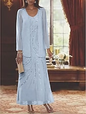 abordables Avec veste-Robe Mère de la Mariée Coupe Deux Pièces à la Plage Invité de Mariage Élégant Étincelle  Brillance Encolure en V Longueur Cheville Chiffon Sequins Manches Longues avec Sequins 2025 taille